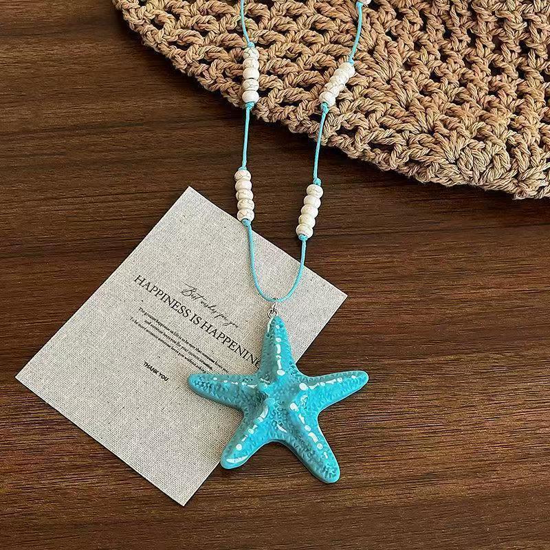 Long beaded starfish flower handwoven necklace women's seaside island vacation style versatile collarbone chain accessories