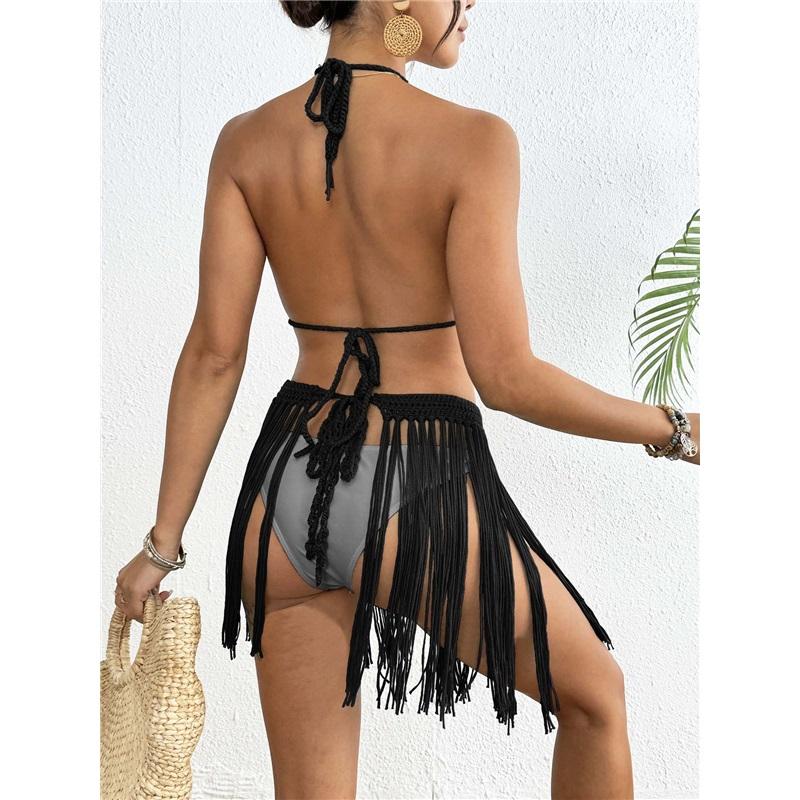 Womens Hand Crocheted Two Piece Bikini Set Shell Patchwork Tie Fringe Skirt Stylish Elegant Beachwear For Summer Vacation