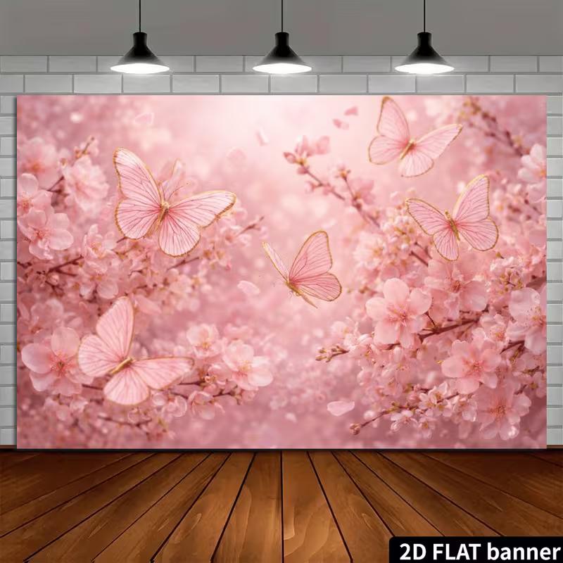 2D Printed Backdrop with Pink Cherry Blossoms, Butterflies and Soft Pink Background