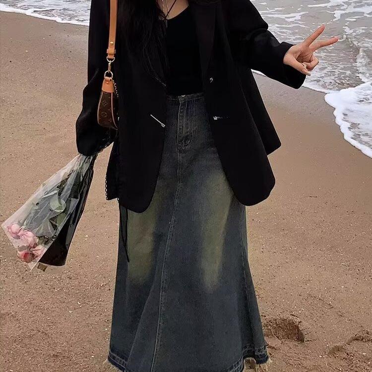 Spring 2025 High Waisted Distressed Denim Midi Skirt - Retro A-Line Design