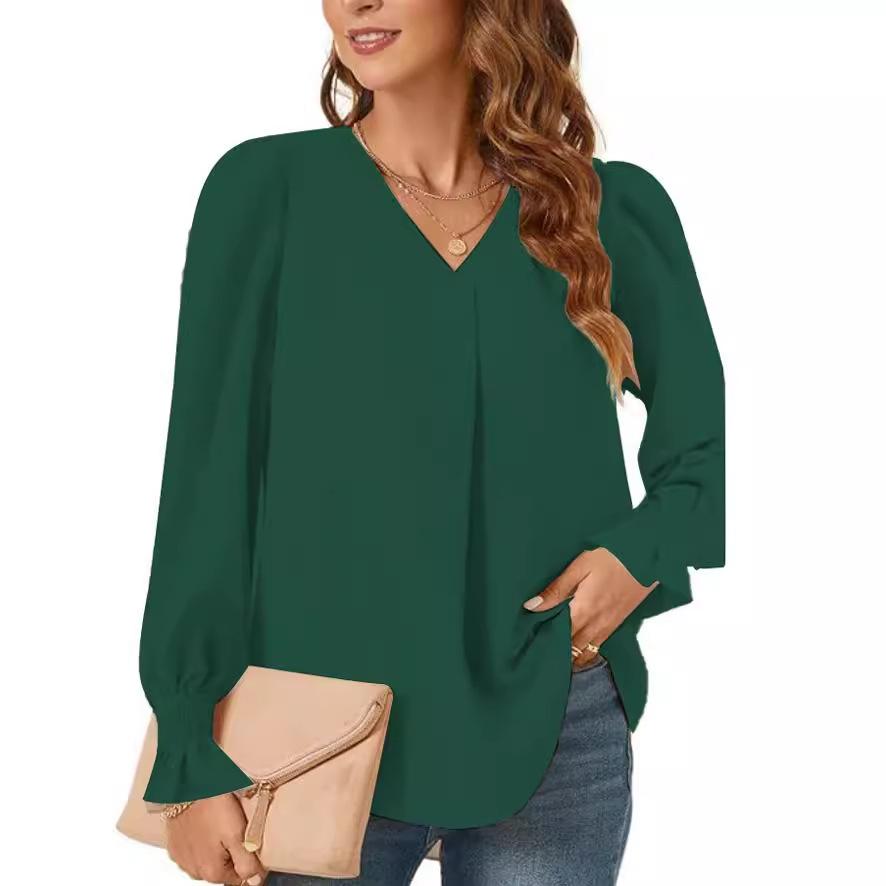 V-neck Pullover Shirt for Women Solid Long Sleeve Ruffled Loose Shirt Casual Fashion Elegant Work Long Sleeve Breathable Lightweight Soft Top