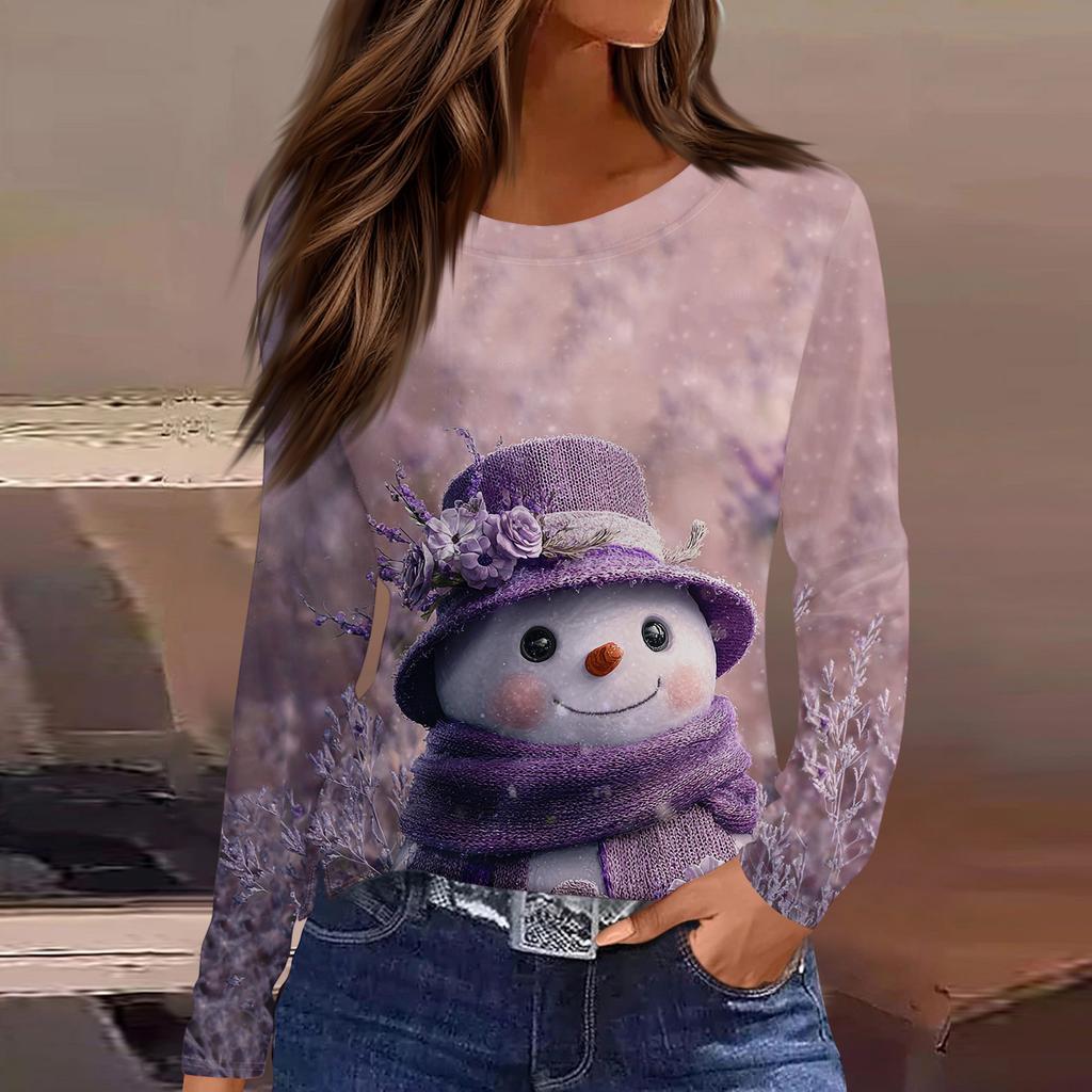 Women's Fashion Casual Slit Hem Round Neck Long Sleeve Loose Printed T-Shirt Ladies Top Christmas