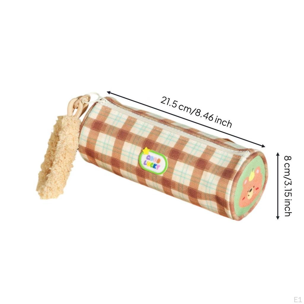 Soft Pen Case Portable Handle Checkered Round Pencil Pouch Easy To Clean Cylinder