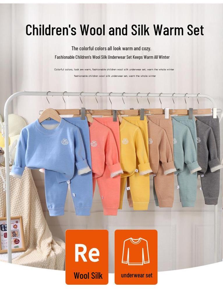 Kids' Cashmere Silk Set - Soft, Thickened Warm Underwear for Toddlers, Boys & Girls; Perfect Autumn Base Layer Top & Bottoms.