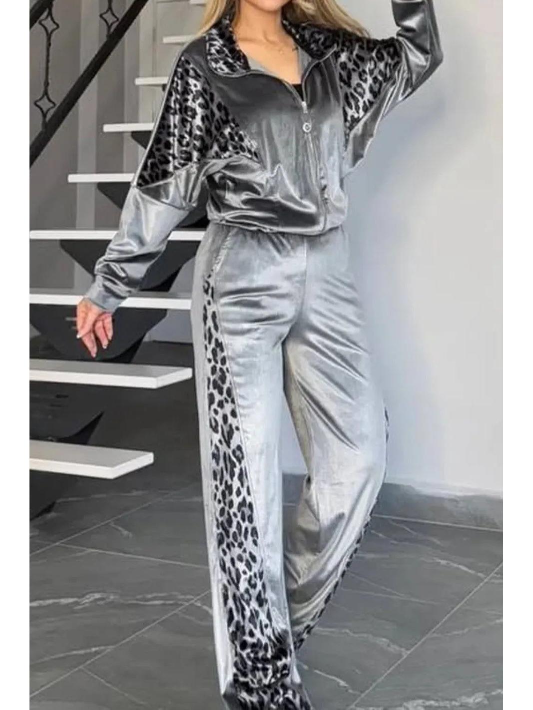 

Трендовый европейский и американский комплект домашней одежды из длинных брюк и лонгслива с леопардовым принтом и цветными блоками, 2025 Small серый