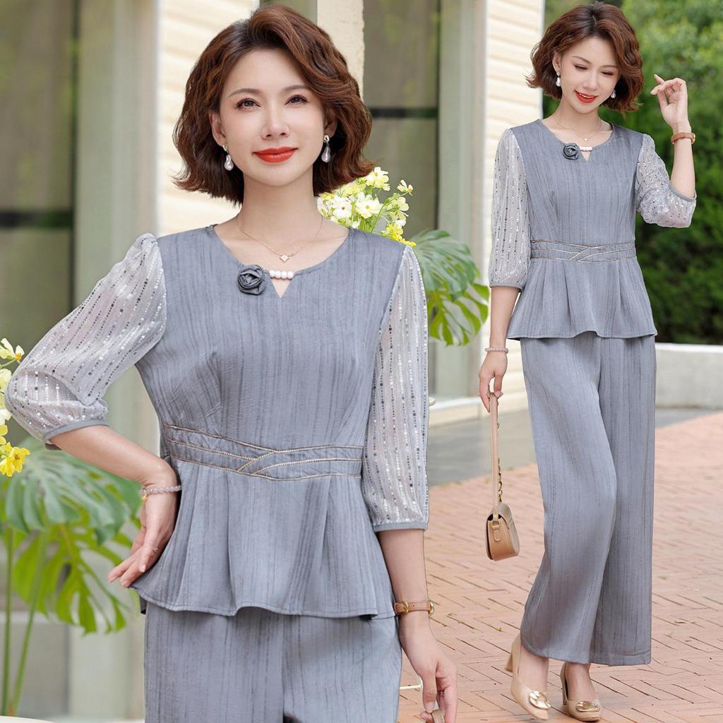 Elegant Autumn 2025 Satin Blouse & Seven-Sleeve Two-Piece Set for Middle-Aged and Elderly Women