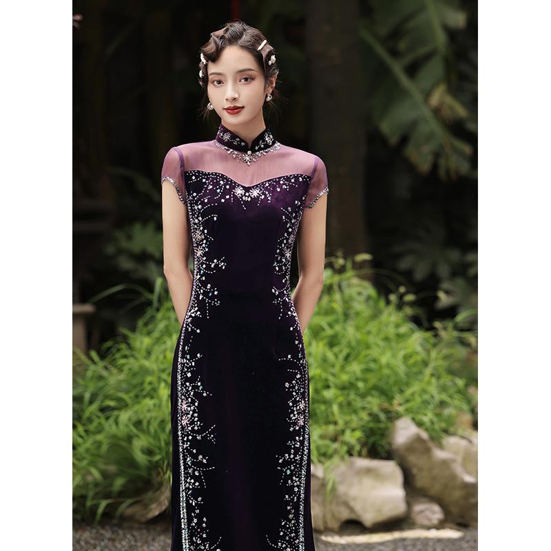 1011 autumn new velvet cheongsam literary cheongsam dress temperament lady long sleeve medium and long cheongsam adult