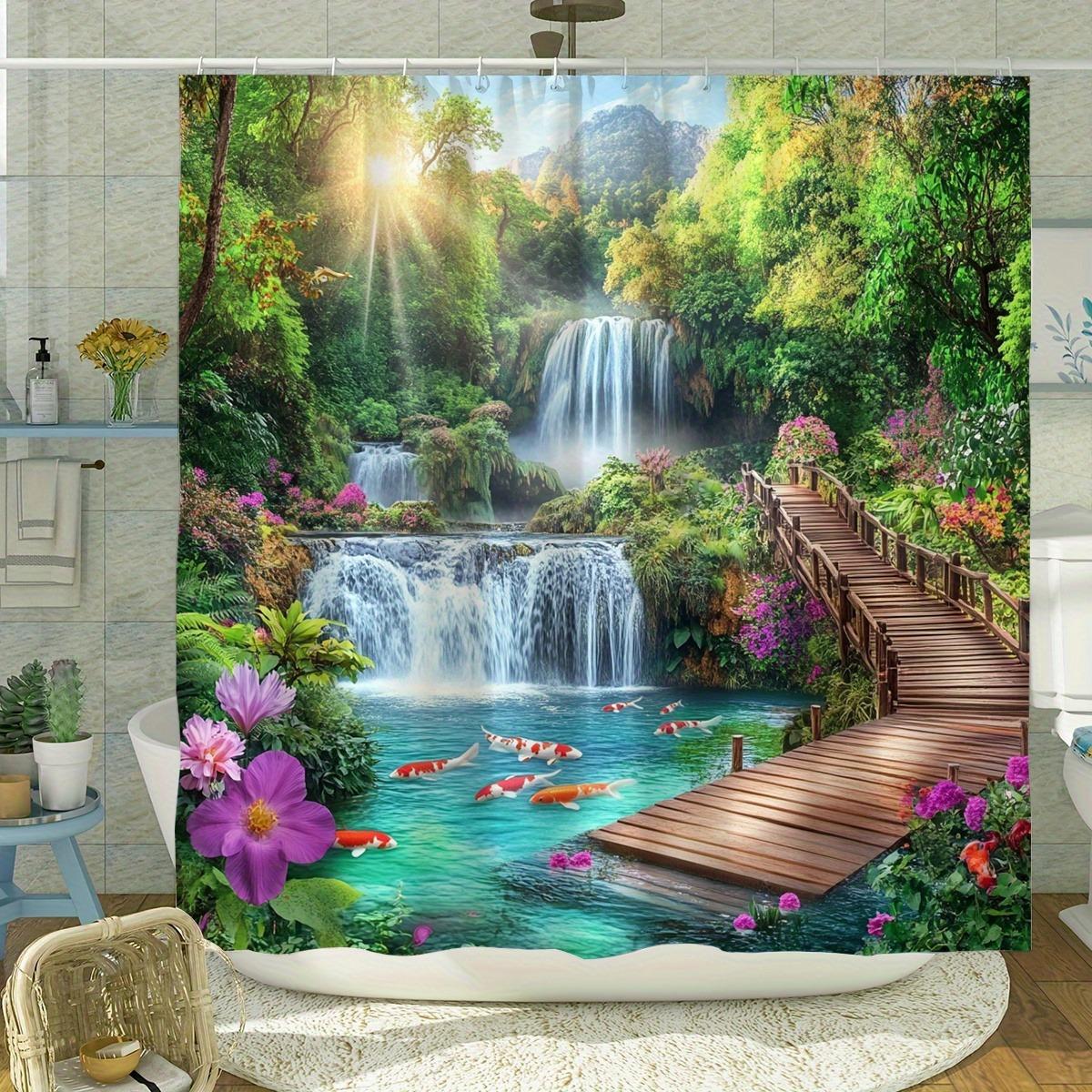 

Colorful Forest Waterfall Scenery Shower Curtain Washable Dirt-Resistant Shower Head Waterproof Polyester Bath Curtain W60H190(CM)-1 Pcs