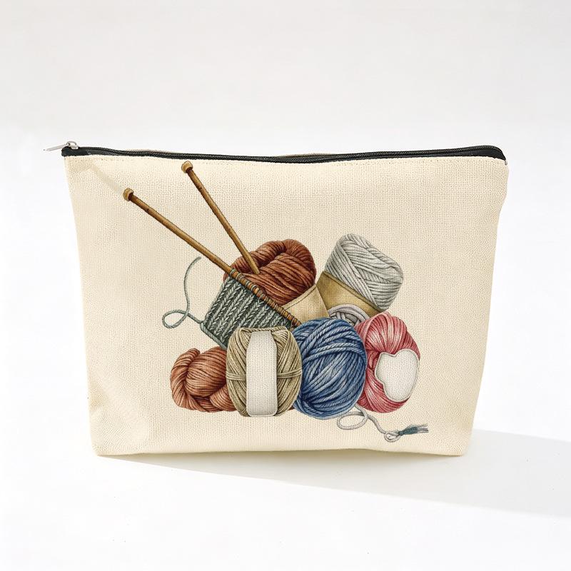 Retro Sewing Machine & Yarn Print Linen Cosmetic Bag with Zipper