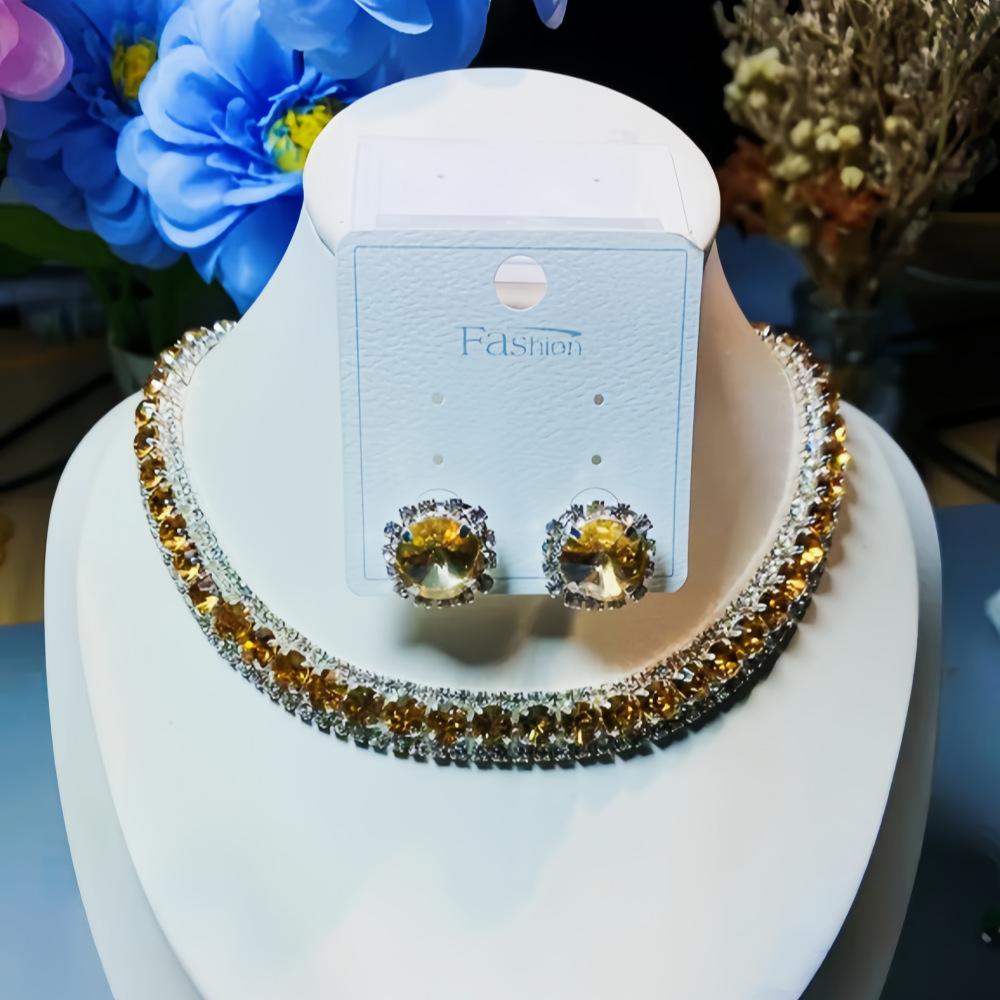 Diamond-Encrusted Square Stud Earrings Necklace Two-Piece Set Trendy High-End Elegant Earrings Niche Versatile Suit Women