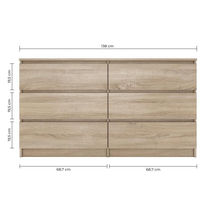 ASTER T6 - Cassettiera camera da letto/ufficio/soggiorno 138x40x77 / 6 cassetti - Mobile contenitore moderno Comodino Stile Scandinavo - Dressing