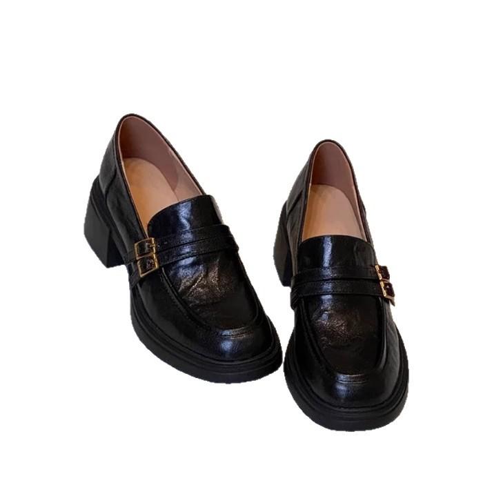 Spot Second Hair! British Style Small Leather Shoes Women's Double-breasted Buckle Belt Versatile One-pedal Thick Heel Single Shoes Platform Loafers
