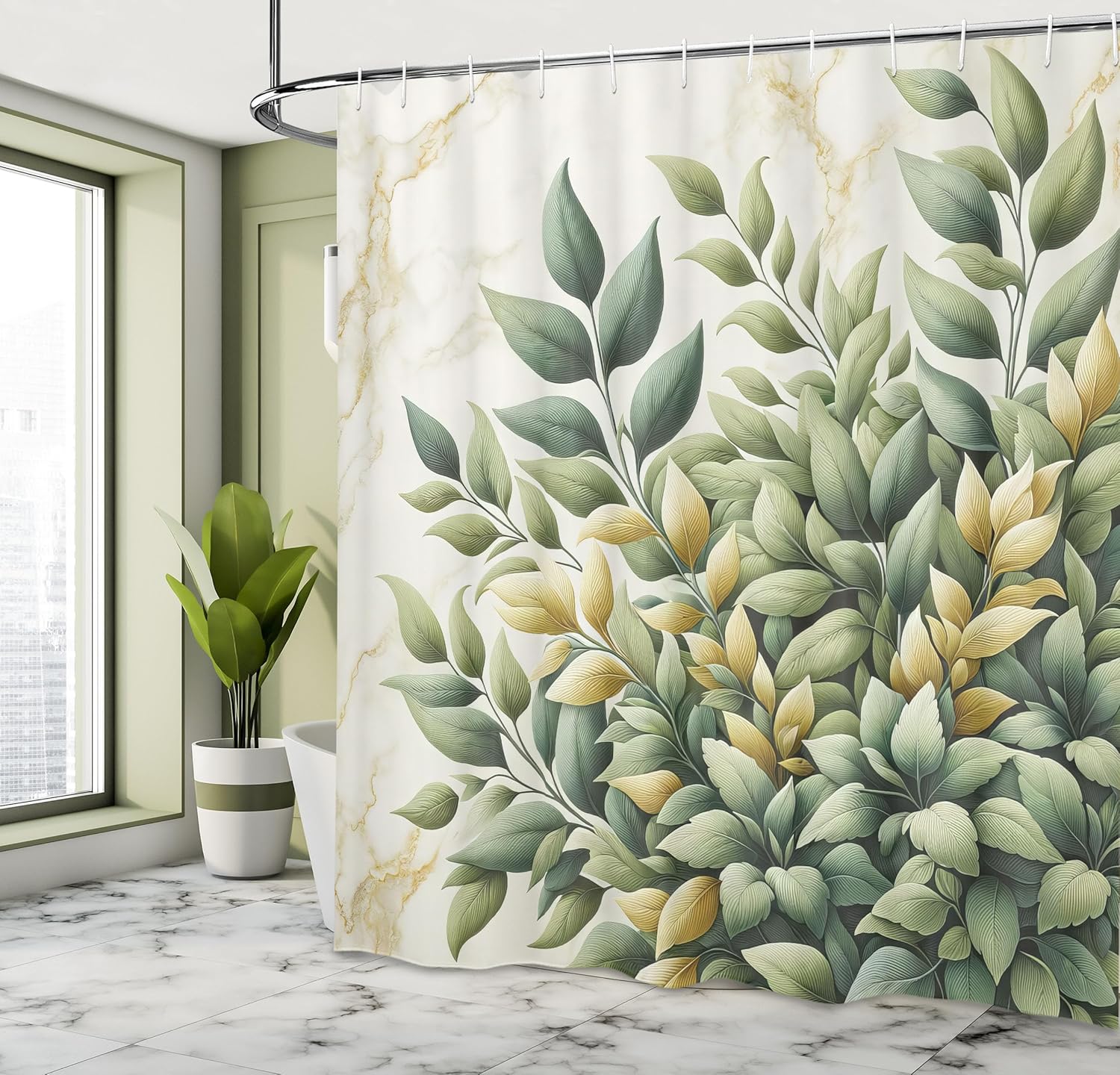

Eucalyptus Leaves Shower Curtain, Bold Branches with Retro Nature Concept on Marble Print Back, Cloth Fabric Bathroom 90x180cm