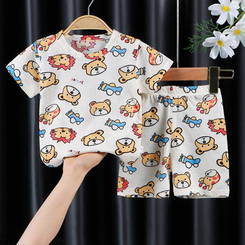 2 Pcs Kids Home Wear Set Cotton Cute Cartoon Printing Round Neck Short Sleeve Top Shorts Pajamas