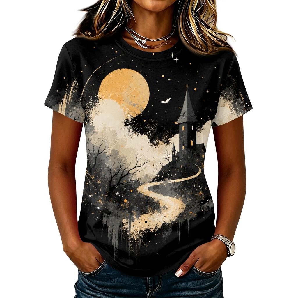 Women's Casual Pullover Short Sleeve T-Shirt Halloween Print Top Crew Neck Relaxed Fit Lightweight Tee for Everyday Wear
