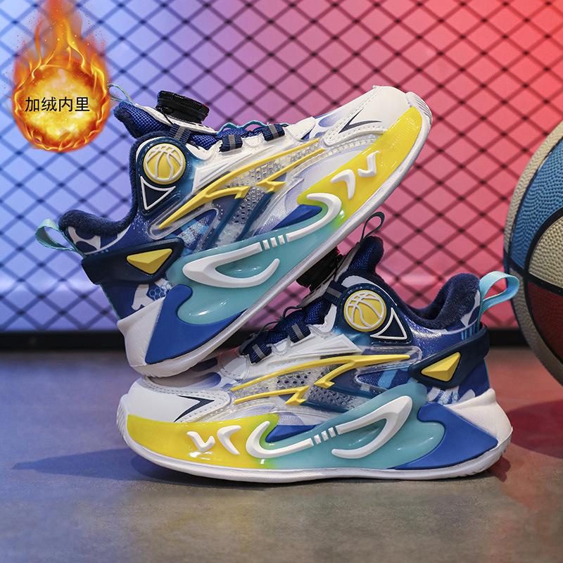 Fleece and Thickened Medium and Older Children's Sports Shoes 2025 Friction Basketball Shoes Two Cotton Autumn and Winter Sound Boys' Sports Shoes