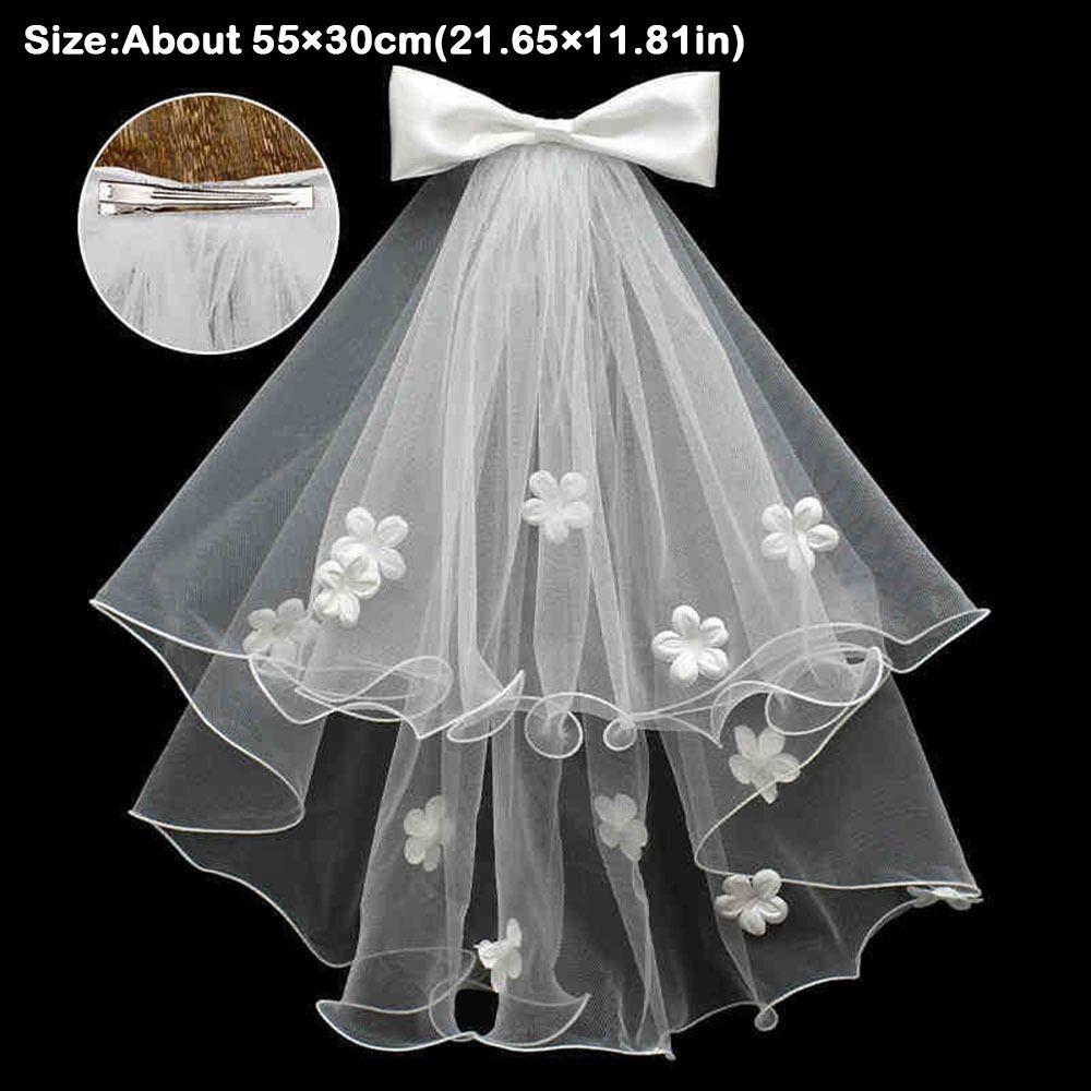 New Double Layer Bridal Veil Lace Edge White Women's Tulle Bow Puffy Photo Veil for Wedding Party