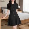 ZANZEA Women Casual Turn Down Collar Short Sleeve Pleated Dress