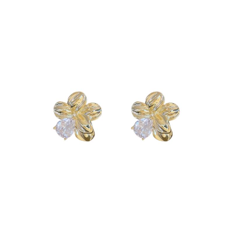 Korean Fashion Gold-Plated Sterling Silver Zircon Flower Earrings