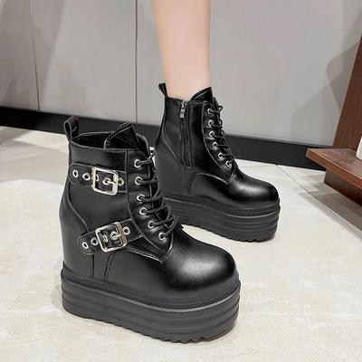Fashion Women High Platform Ankle Boots Autumn Gothic Style Leather Shoes Buckle Punk Motorcycle Boots Round Toe Chunky Sneakers