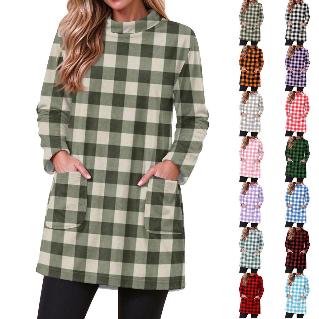 Women's Flannel Plaid Print Pullover Top with Pocket, Long Sleeve Neck