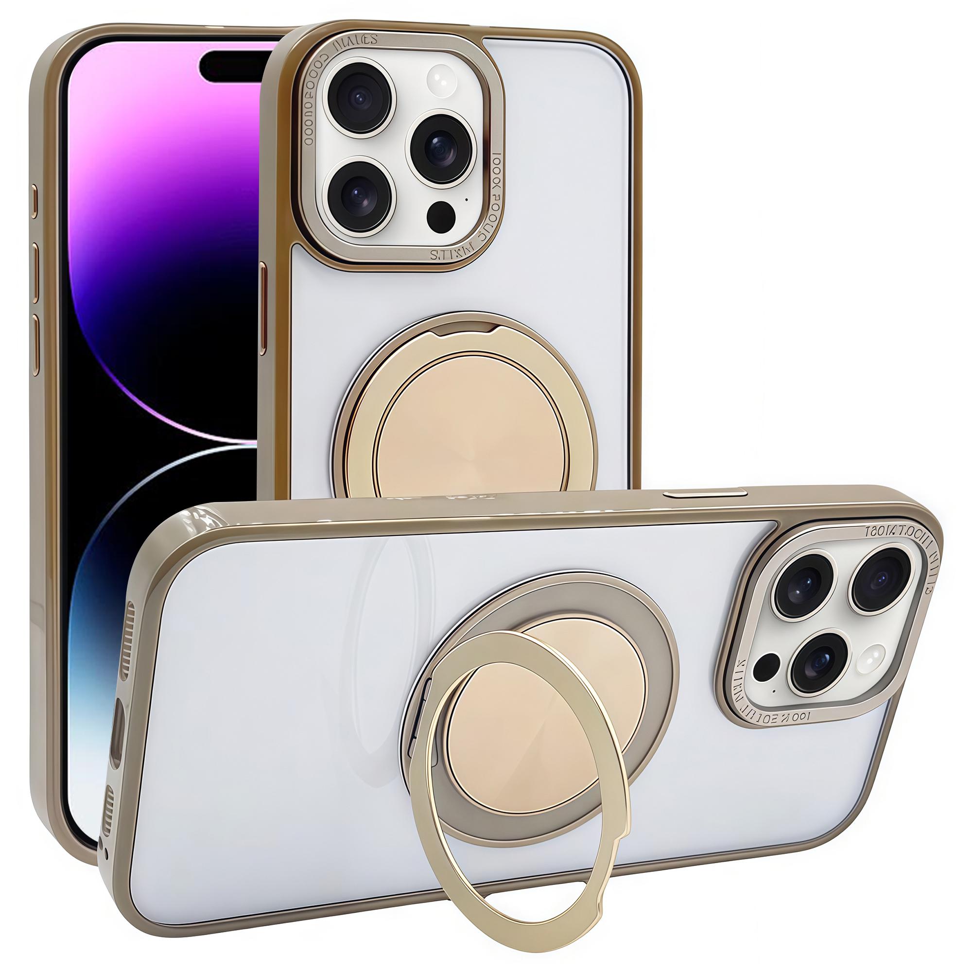 

For iPhone 14 Pro Max Magnetic Case Acrylic TPU Phone Back Cover with Kickstand Desert Gold