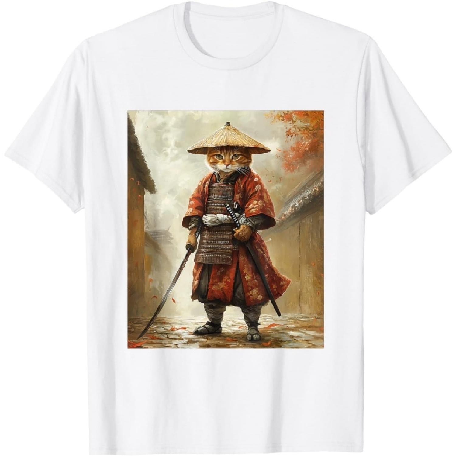 HUYTEDX Кот Самурай Япония Японская Забавная Графическая Футболка S