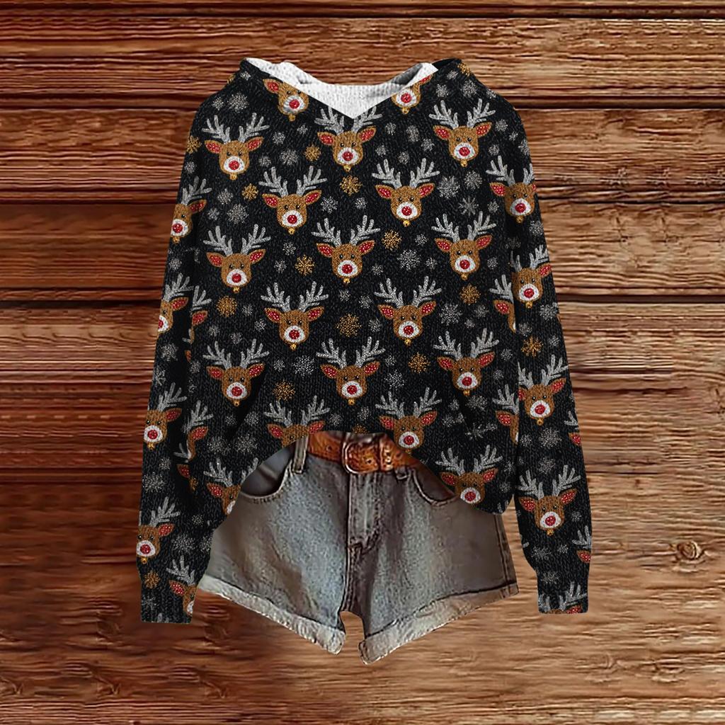 Women's Fashion Casual Long Sleeve Christmas Print Hooded Knitted Sweatshirt