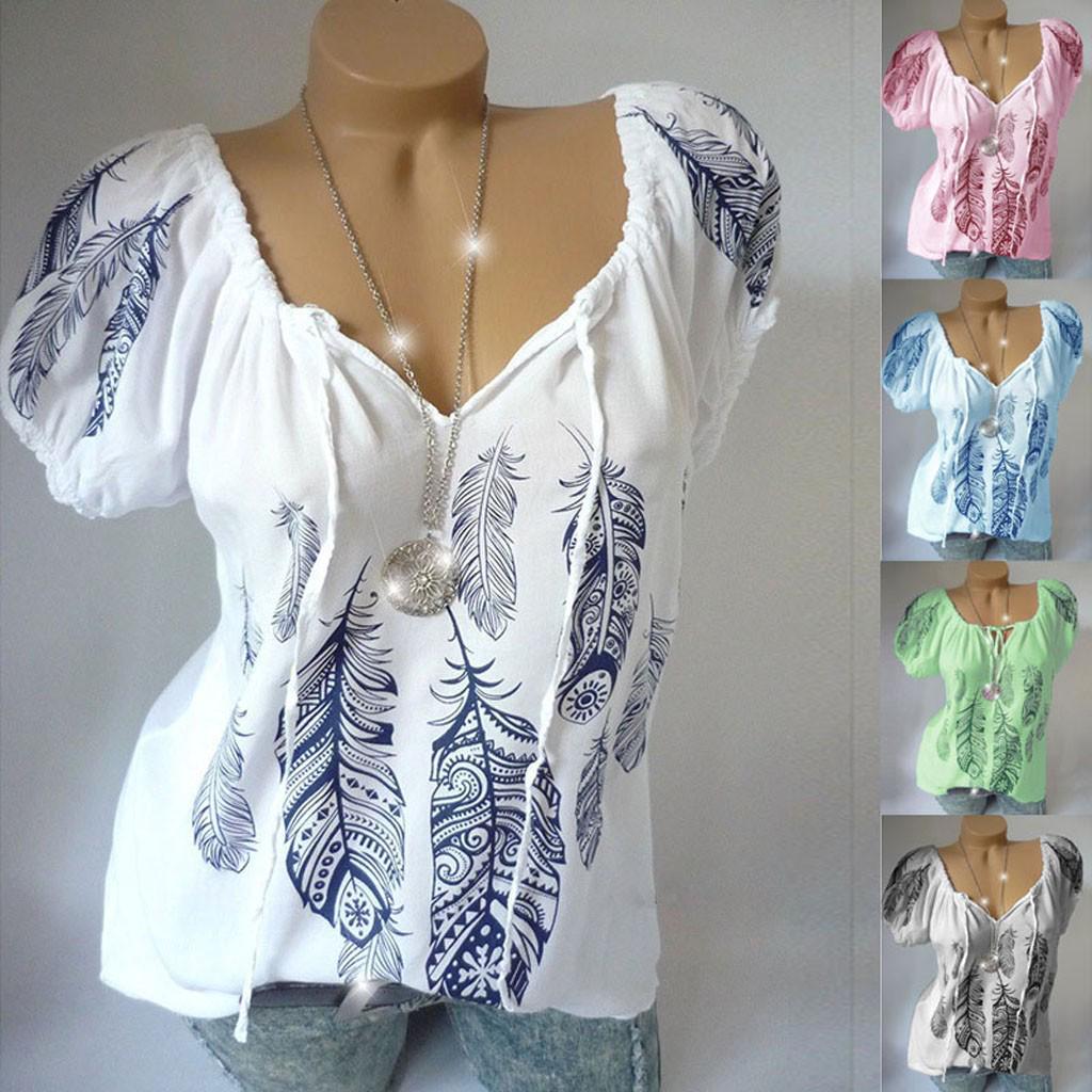 

Женские повседневные свободные рубашки с короткими рукавами и принтом перьев, блузки с v-образным вырезом, топы