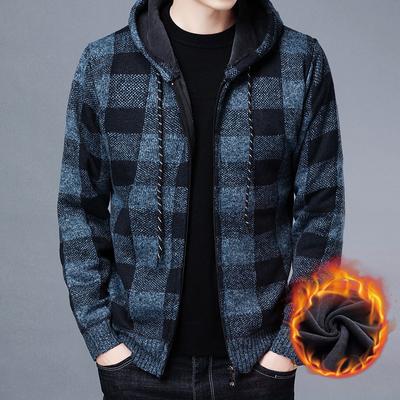 Men Sweater Jacket Fashion Winter Coat Fleece Hoodies Checkered Hooded Knit Cardigan Male Outerwear
