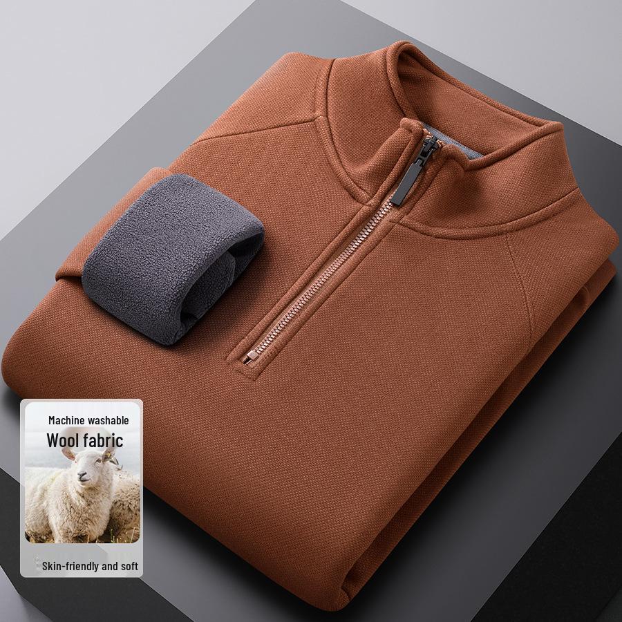 Men's Warm Wool-Blend Zipper Base Layer Shirt with Plush Lining and Stand Collar