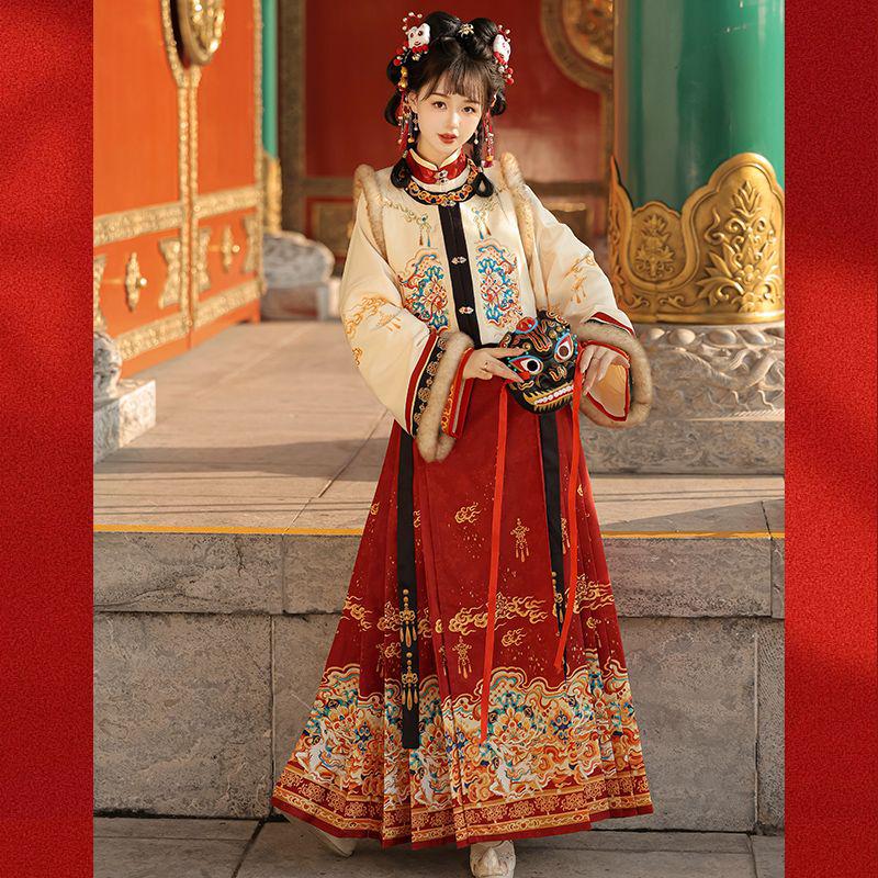 Ming Dynasty-Inspired Hanfu Women's Embroidered Bijiya Stand Collar Mamian Skirt with Velvet - Autumn/Winter Set