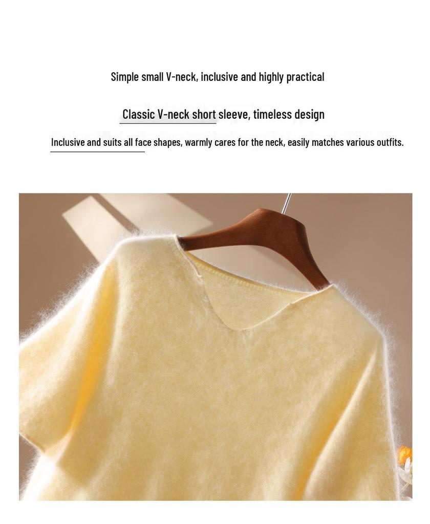 2026 A/W Women's V-Neck Cashmere Wool Knit Short Sleeve Sweater