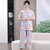 Middle-aged and Elderly Women's Large-size Cotton and Silk Set Stand-up Collar Short-sleeved Mother Summer Cardigan 55.5kg Rayon Two-piece Set