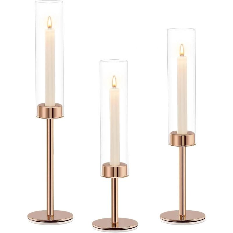 3Pcs Hurricane Candle Holders, Windproof Glass Gold Taper Candle Holders, Metal Tall Candle Stand for Taper Candles, Centerpieces (Rose Gold) розового золота
