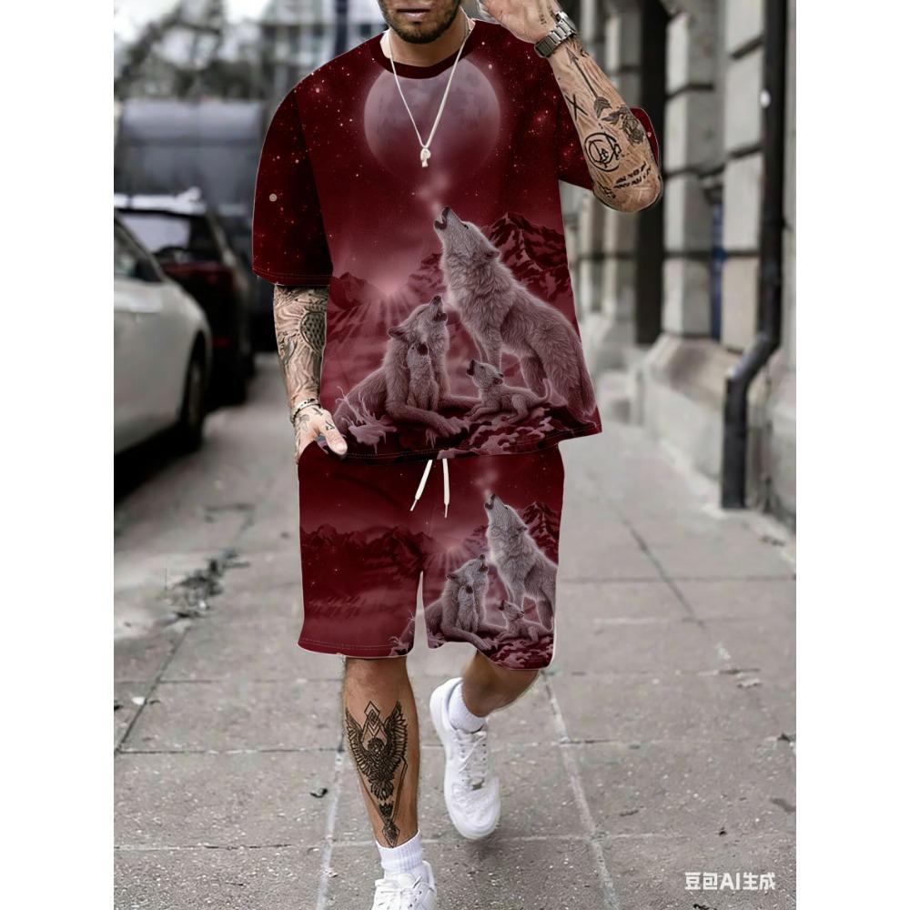 Men's Starry Sky Wolf Pack Print Short-Sleeved T-Shirt and Shorts Set