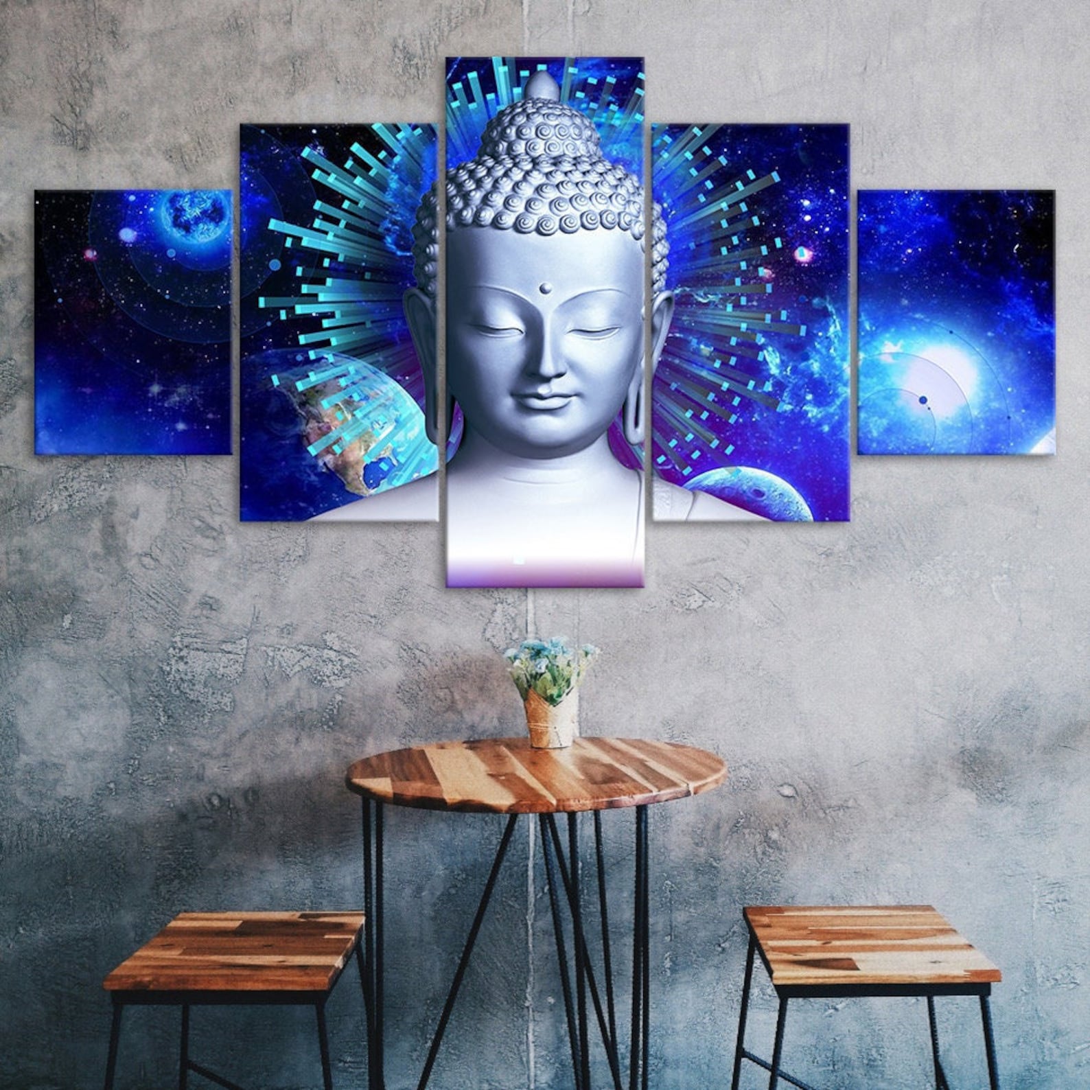 

Buddha Planets Blue Outer Space Cosmos Scenery 5 Piece Five Panel Wall Canvas Print Modern Art Poster Picture Home Decor Gift For Him Her 20X35 20X45 20X55CM