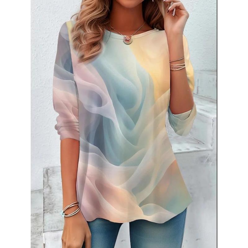 

Women s Casual T-shirt 3D Printed Striped Round Neck Retro Elegant Long Sleeves Women s Fashion Pullover Long Sleeve Tops S