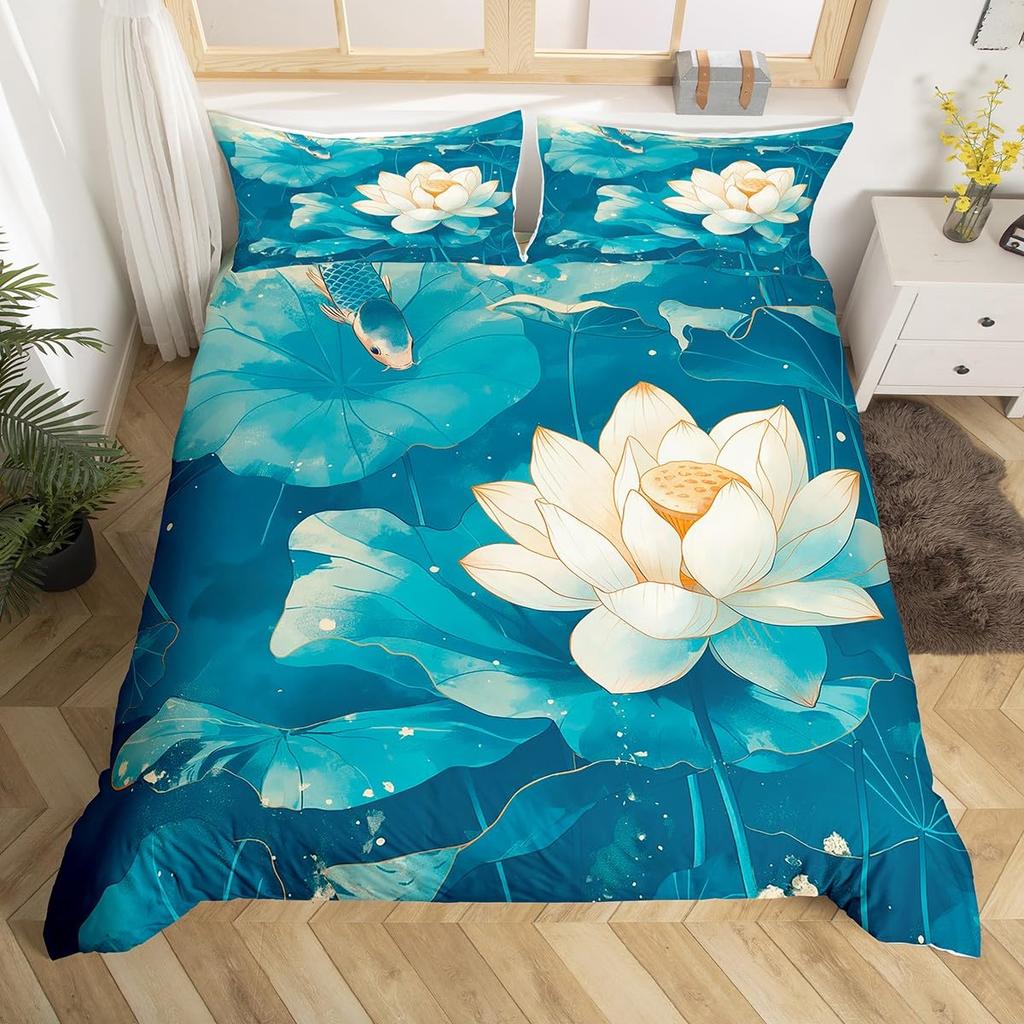 Lotus Duvet Cover, Water Lily Bedding Set, Lotus Leaf Quilt Cover, Summer Theme Print Comforter Cover For Girl Women Twin King