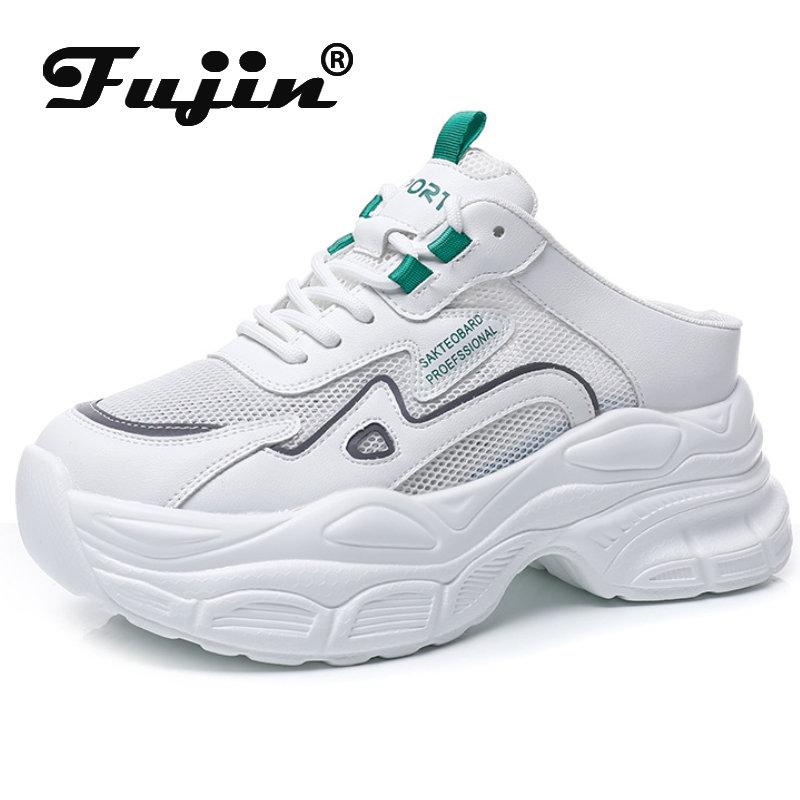 

Fujin 7 см воздушная сетка дышащие тапочки удобные полые летние натуральные кожа женские коренастые модные кроссовки на платформе танкетки