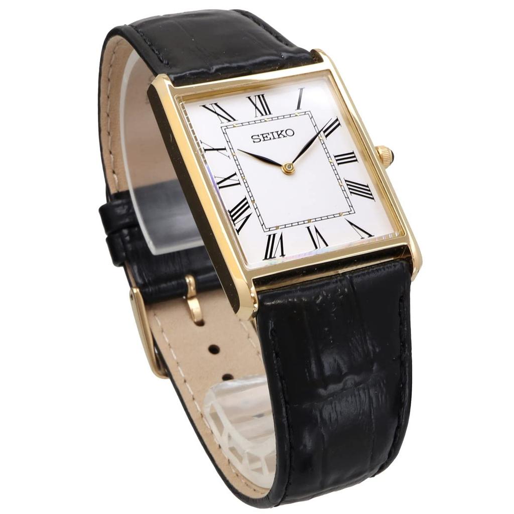 Seiko Square Design Quartz Watch SWR052 with White Dial and Black Leather Band Men's