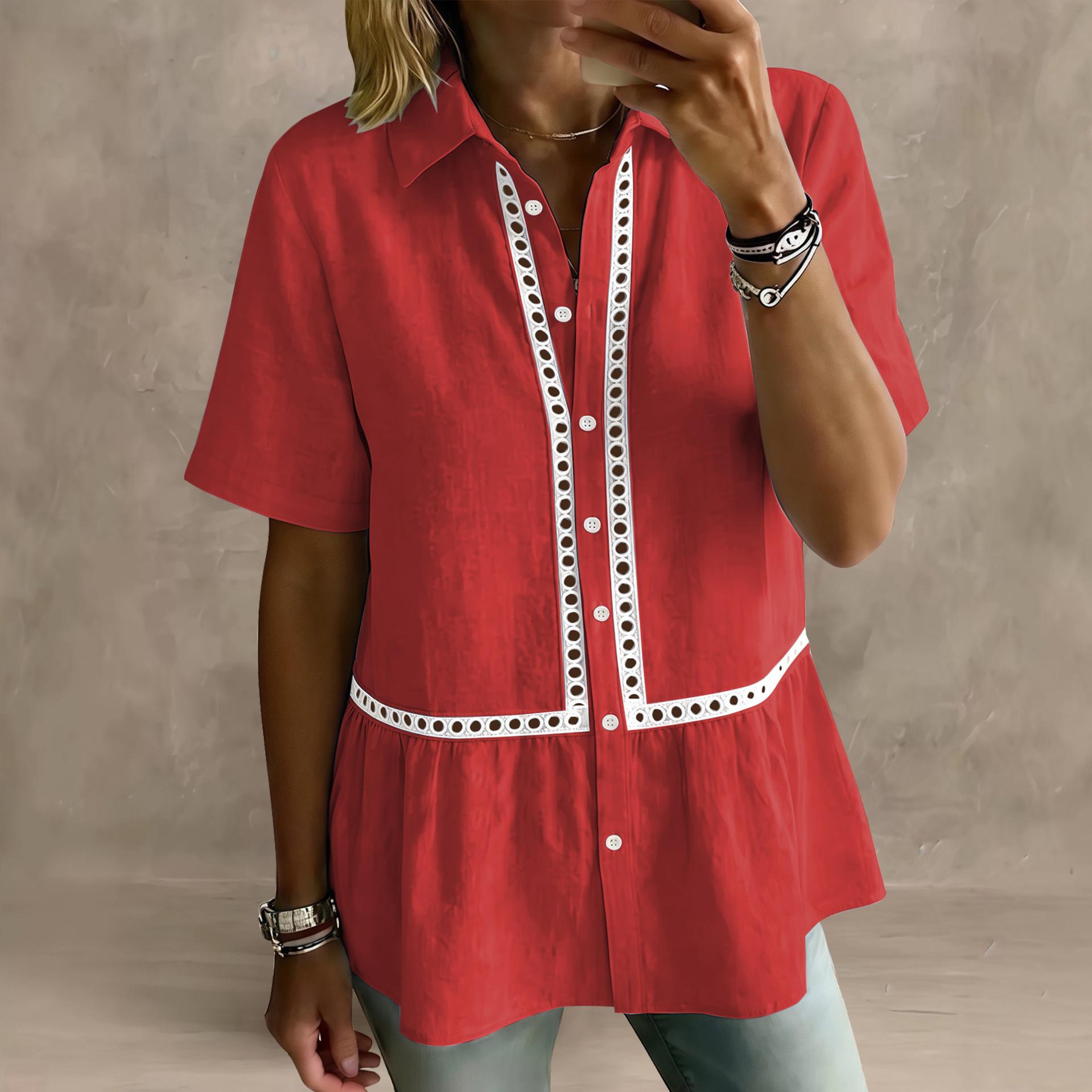 Women Fashion Casual Lace Splicing Short Sleeve Lapel Shirt S