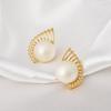Vintage Fan-Shaped Pearl Stud Earrings Personalized Hollow Gold Plated Elegant Jewelry for Women