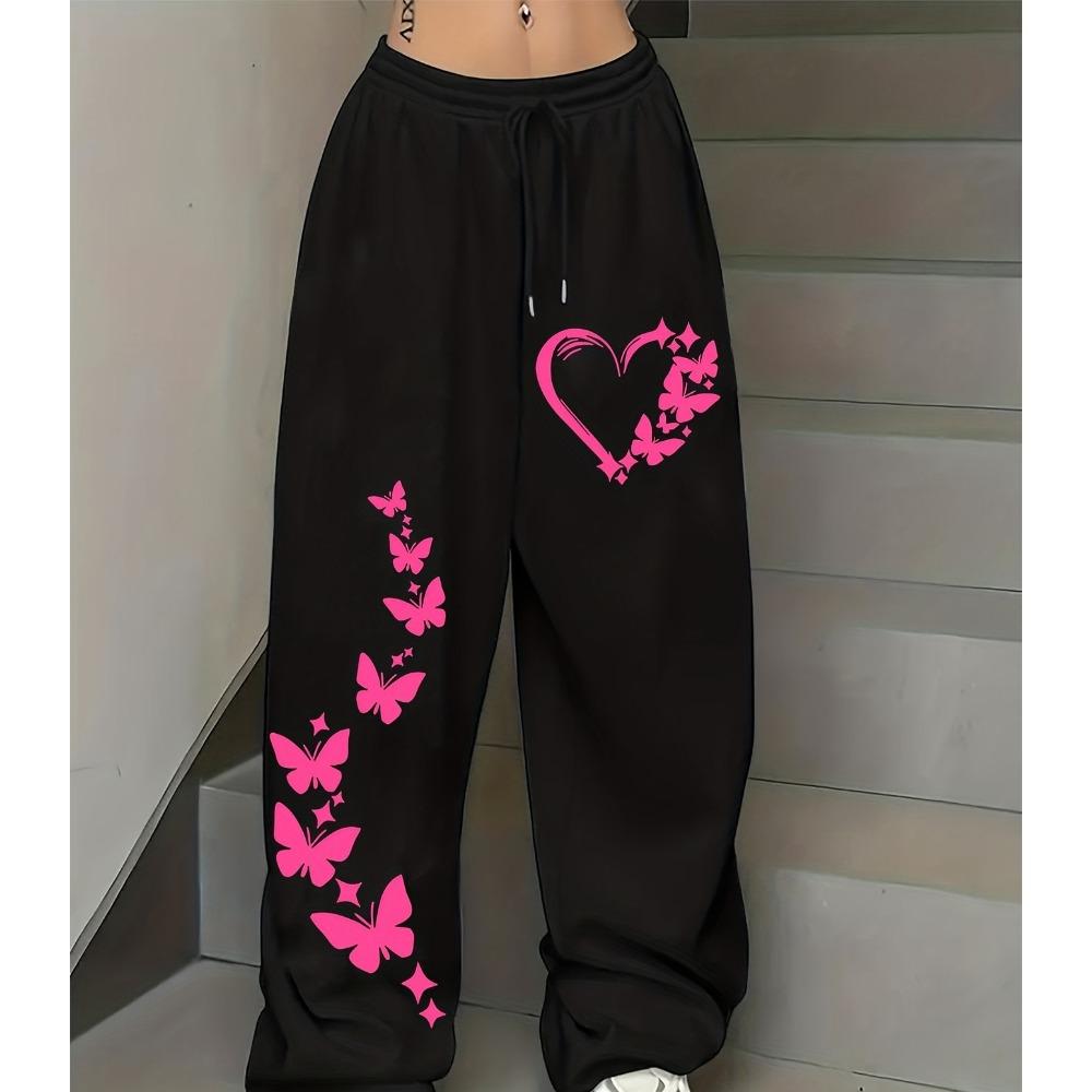 Pink Butterfly Love Printed Sports Pants with Drawstring and Elastic Waist Casual Trend Women's Straight Leg Pants