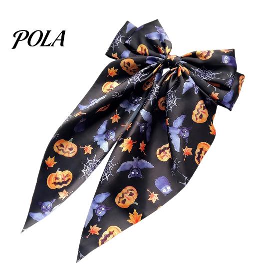 Ghost Hair Clip Halloween Silky Satin Bows for Women, Big Ribbon Bow Clips Girls, Long Streamer Oversized Tail Barrettes, Cute Bat Spider Web Pumpkin