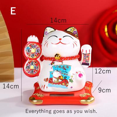 5.5 Inch Ceramic Maneki Neko Statue Solar Powered Beckoning Cat Waving Hand Lucky Cat Ornament Car Desktop Decoration Kitten