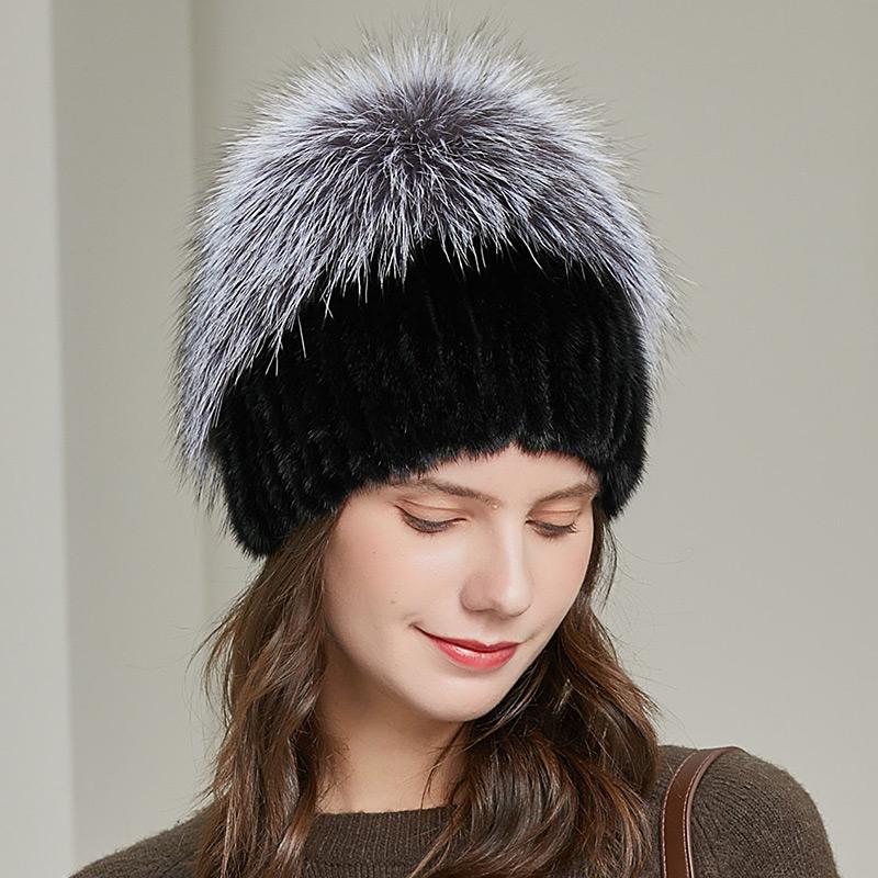 Fox Fur Pom Beanie Hat Real Mink Fashion Warm Winter Knitted Hats for Women Real Fur Beanie Hat With Fox Fur Pom