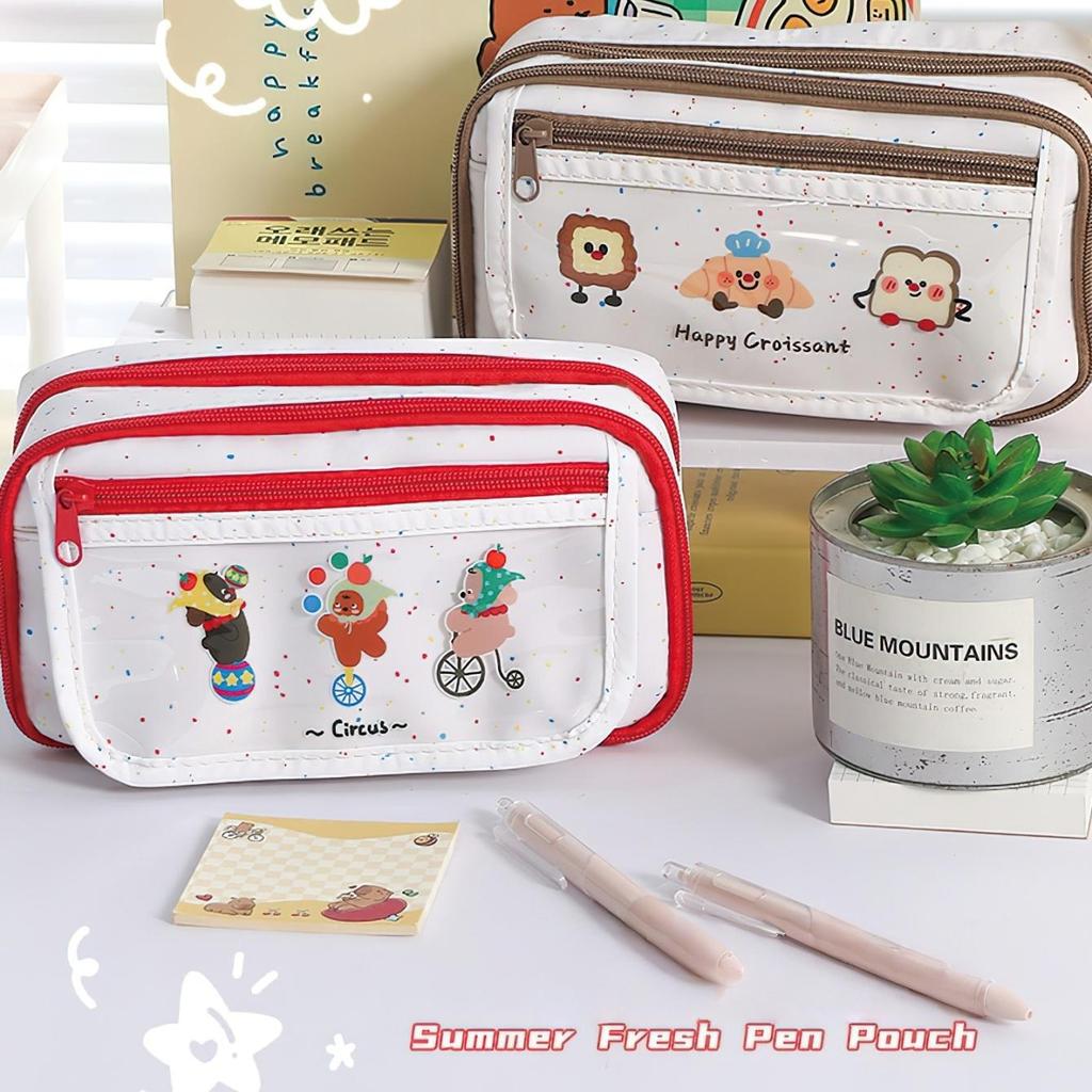 Lovely Circus Flip Pencil Case Pen Bag Minimalist Cartoon Animal Dalmatlans Croissant Multi-Layer Stationery Pouch