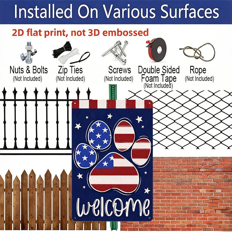 2D Flat Welcome 4th of July Dog Cat Paw Metal Sign, 8×12 Inch Aluminum Wall Art, America USA Stars Stripes Dark Blue Design, Durable Decor for 4th of