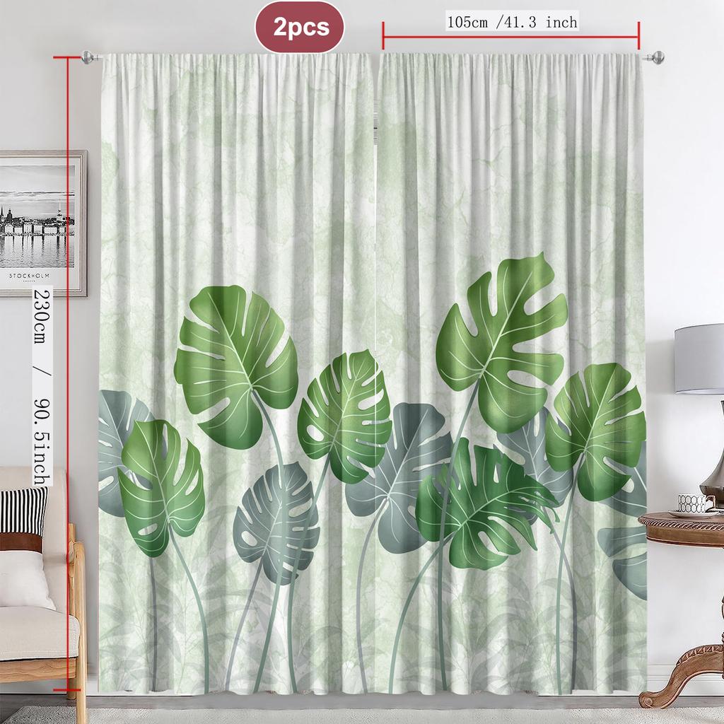 2Pc Home Decoration Curtains With Green Leaves And Rod Pockets, Kitchen, Coffee Shop, Living Room, Balcony, Garden